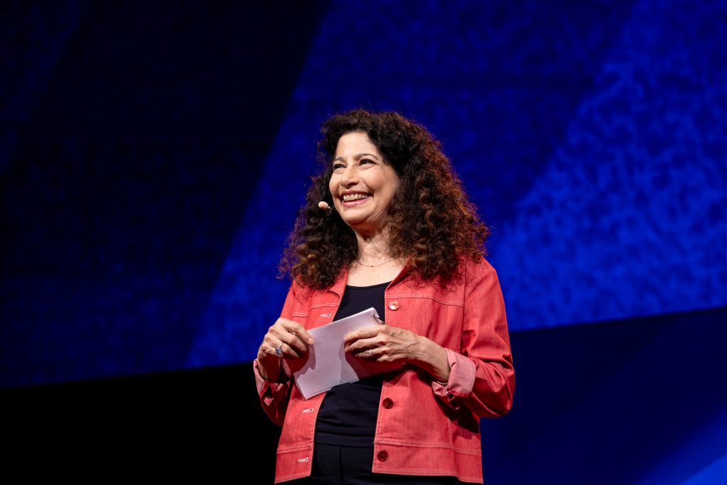 Chee Pearlman, Arts & Design Curator of TED Conferences on stage at TEDSummit 2019.